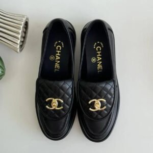 Chanel Black Leather Loafers – Gold-Tone Round Lock