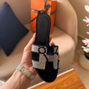 Hermès Oran Women’s Black Rainbow Rhinestone Heeled Sandals