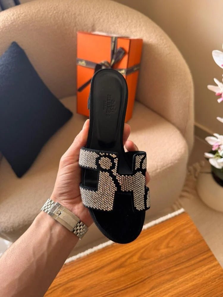 Hermès Oran Women’s Black Rainbow Rhinestone Heeled Sandals